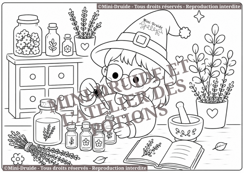 Carte postale à colorier - Mini-Druide et l'atelier des potions