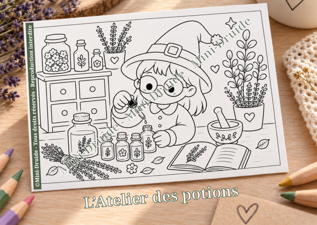 Carte postale à colorier - Mini-Druide et l'atelier des potions