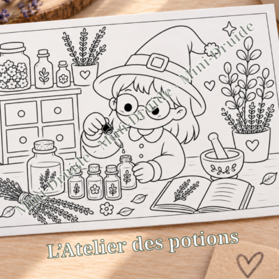 Carte postale à colorier - Mini-Druide et l'atelier des potions